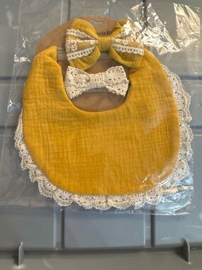 Mustard Yellow muslin Lace-Trim Baby Bib & Bow Set